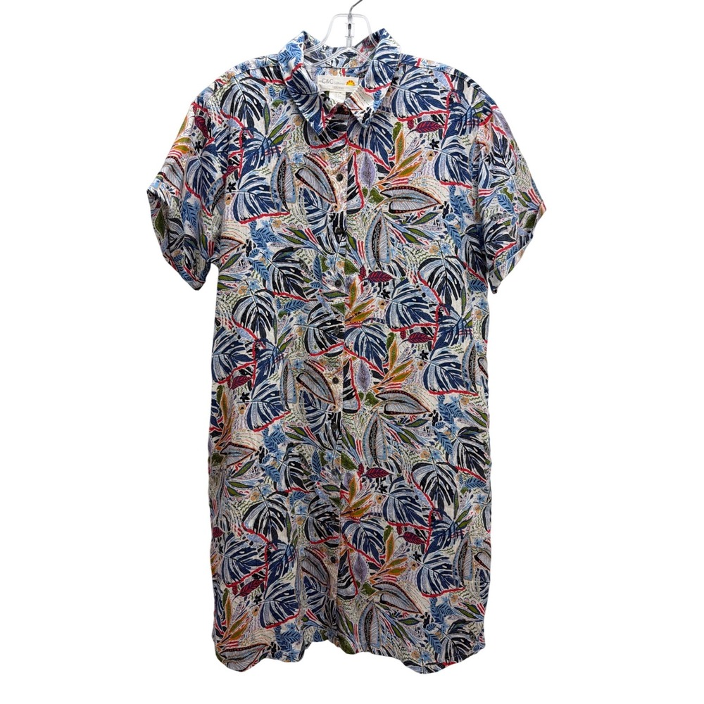 C&C California 100% Linen Leaf Print Shirt Dress L Breathable Tropical Summer